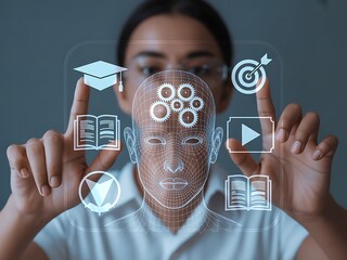Person interacting with futuristic holographic interface displaying educational and goal oriented icons around a wireframe human head with gears