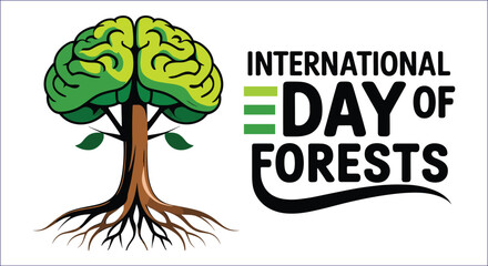 Brain tree with international day of forests text roots leaves