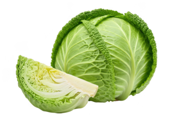 Fresh green cabbage with a slice cut out isolated on transparent background
