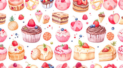 Watercolor Sweet desserts pattern on white background	