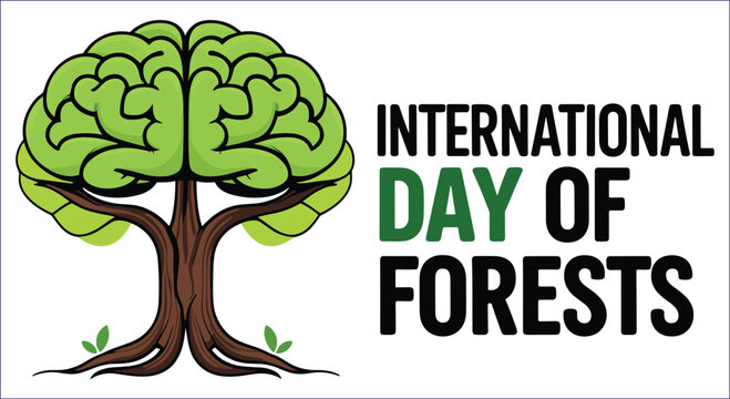 Green brain tree with international day of forests text brown leaves