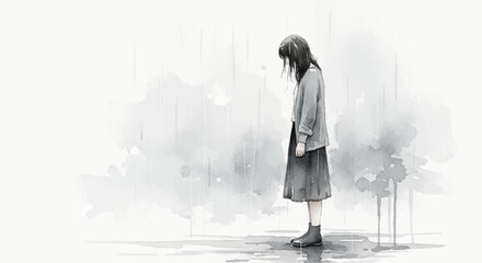 A melancholic watercolor of a young woman waiting in silence under the rain, filled with longing and transience.