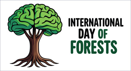 Green brain tree with international day of forests text brown roots