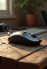 close detail sleek computer mouse rustic wooden desk surface, office, workspace, technology, device, woodgrain, metal, cable, cordless, ergonomic