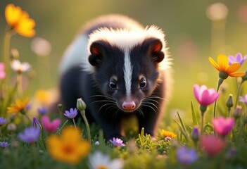 close skunk vibrant wildflower field natural habitat flora fauna colorful, nature, mammal, petal, bloom, grass, ecosystem, pollination, vibrancy, wildlife