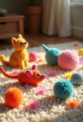 colorful cat toys vibrantly arranged soft cozy rug texture playful setting home decor, arrangement, bright, interior, furniture, accessory, design, infant, ped
