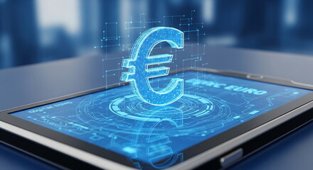 Digital euro symbol projected from a tablet screen. Cryptocurrency and blockchain technology for future finance and secure online payment concept.