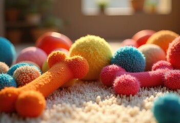colorful dog toys lined soft pet friendly rug vibrant playful arrangement cheerful comfortable texture, accessory, decor, design, fur, chew, fetch, ball