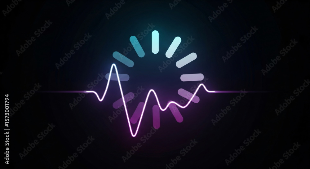 Poster neon sound wave and loading circle on dark background. audio visualization for music playback and di