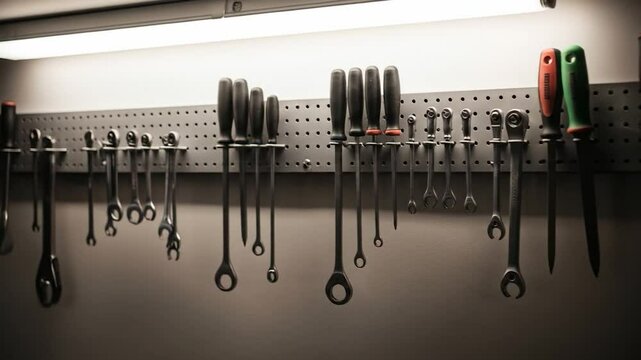 Organized hand tools hanging on pegboard metallic tones overhead lighting repair maintenance workshop equipment