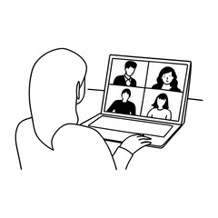 Business woman female team leader manager executive having hybrid office business group meeting, remote workers discussing work plans by video digital conference call on laptop. Over shoulder view