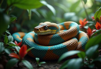 colorful snake coiled lush vibrant foliage natural habitat wildlife vivid patterns exotic serpent environment, plants, leaves, greenery, flora, nature