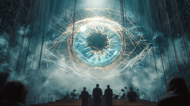 A massive, glowing digital eye projected above an audience, symbolizing surveillance, artificial intelligence, data monitoring, and the concept of omnipresent technology and privacy concerns