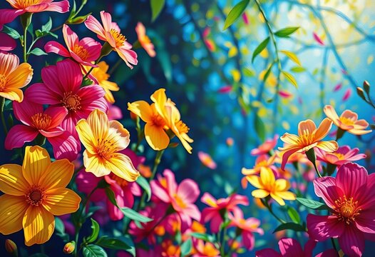 Vibrant oil painted blooms in dynamic forced perspective, canvas texture visible,  floral,  colorful flowers