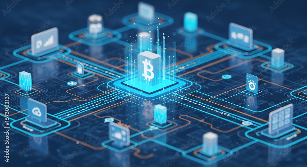 Poster digital network connecting various cryptocurrency applications and bitcoin symbol. blockchain techno