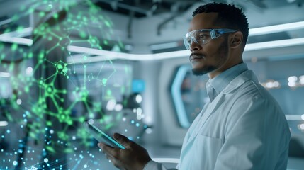 Black scientist examining holographic data on tablet, wearing white lab coat and safety glasses, working in high tech research facility representing scientific advancement,Black male scientist