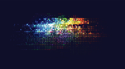 Vector glitch pixel squares in rainbow hues. Abstract horizontal distortion with vibrant gradient and grid alignment.