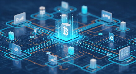 Digital network connecting various cryptocurrency applications and bitcoin symbol. Blockchain technology for secure finance and trade.