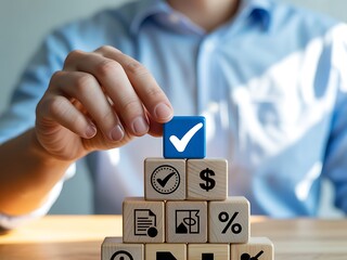 Person placing blue checkmark cube on wooden blocks with financial icons hand
