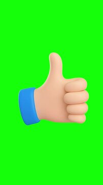 3D illustration of thumbs up hand gesture, vertical video overlay isolated on green background, chroma key, keyable