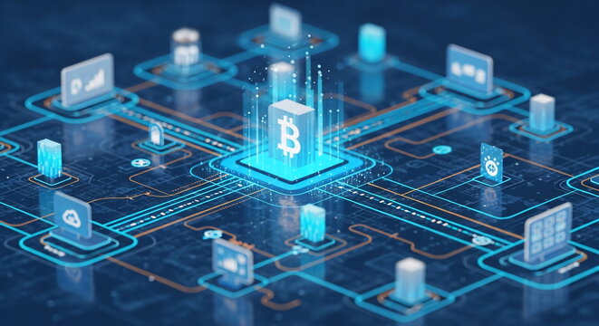 Digital network connecting various cryptocurrency applications and bitcoin symbol. Blockchain technology for secure finance and trade. - Powered by Adobe