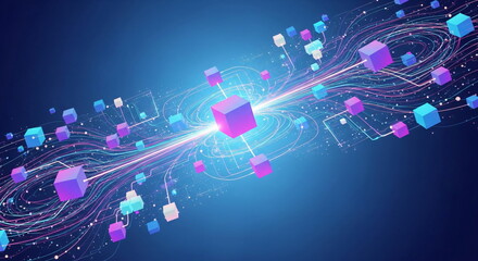 Naklejka premium Abstract data connection with colorful cubes and light streams. Blockchain technology and network communication concept for web.