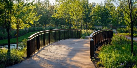A pedestrian bridge winding through an urban park