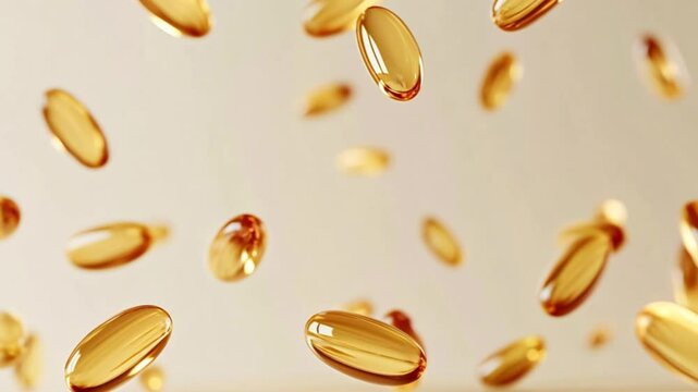 Multiple golden vitamin pills are falling slowly against a clean white background, creating a visually appealing and informative representation of health and wellness