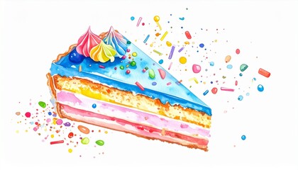 Chaos Cake Watercolor Style concept. Colorful slice of cake with sprinkles and decorative toppings.