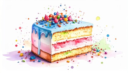 Chaos Cake Watercolor Style concept. Colorful cake slice with toppings and sprinkles.