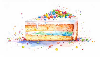 Chaos Cake Watercolor Style concept. Slice of colorful cake with sprinkles and frosting illustration.