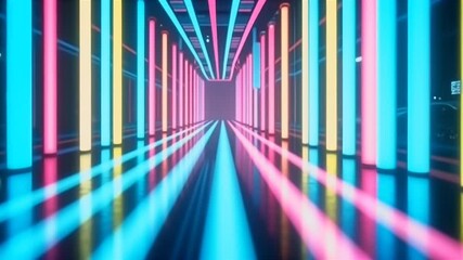Energise motion graphic sets rhythmically flashing multicolour neon bars alternating over bold monochrome stripes revamped descriptor highlights high contrast K flair retro futuristic vibe