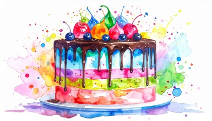 Chaos Cake Watercolor Style concept. Colorful cake with cherries and a splash of watercolor background.