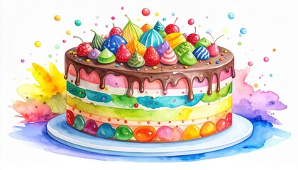 Chaos Cake Watercolor Style concept. Colorful cake with icing and fruit toppings on a white plate.