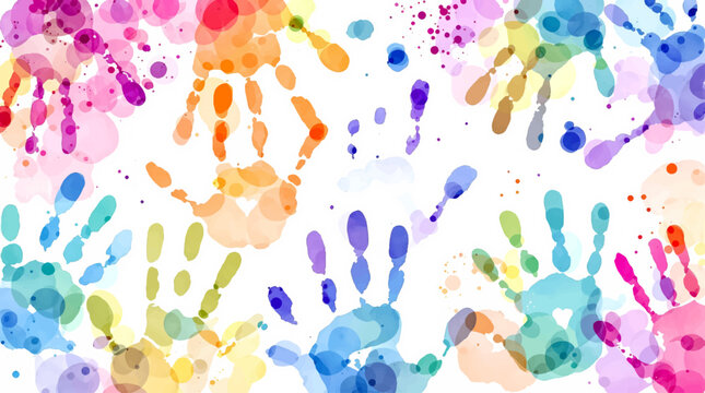 Children seamless pattern colored of hand print. Colorful kid handprint background. Children's handprints vector illustration of a prints of palms. Template kids hands, watercolor, baby palms.	