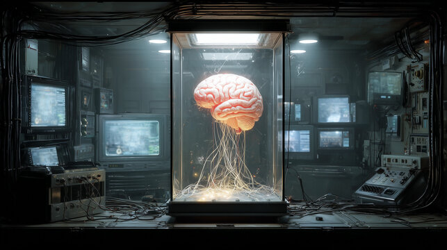  A human brain suspended in a futuristic glass chamber with glowing neural connections, surrounded by vintage monitors and wires, symbolizing artificial intelligence research and scientific experiment