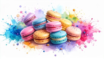 Colorful macarons surrounded by vibrant splashes of paint.
