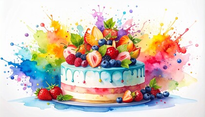Chaos Cake Watercolor Style concept. Colorful cake topped with fruits and surrounded by splashes of paint.