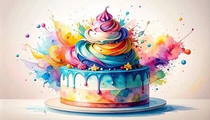 Chaos Cake Watercolor Style concept. Colorful cake with swirls and splashes of paint.