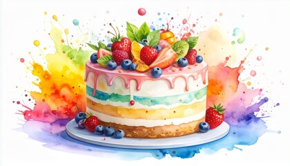 Chaos Cake Watercolor Style concept. Colorful cake decorated with fruits and splashes of paint.