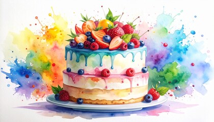 Chaos Cake Watercolor Style concept. Delicious colorful cake adorned with fresh fruits and splashes of paint.