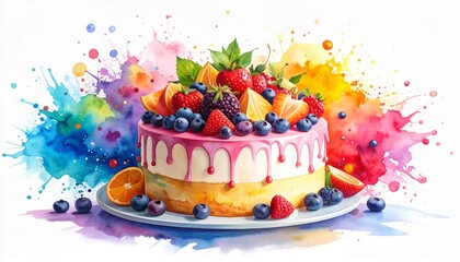 Chaos Cake Watercolor Style concept. Colorful cake topped with fruits and splashes of paint.