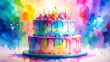 Chaos Cake Watercolor Style concept. Colorful two-tier cake with candles and decorations in a vibrant setting.