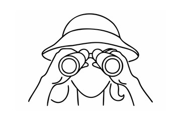 Person wearing hat looking through binoculars observing