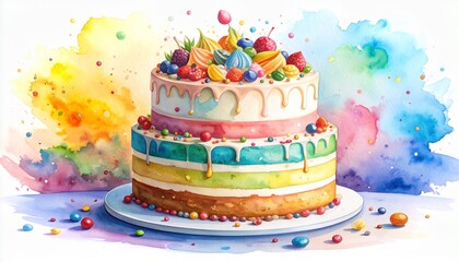 Chaos Cake Watercolor Style concept. Colorful layered cake with berries and sweets on a festive background.