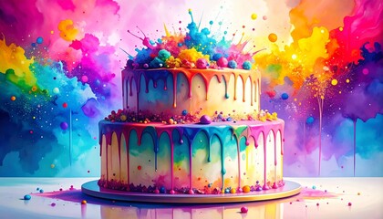 Chaos Cake Watercolor Style concept. Colorful artistic birthday cake with vibrant splashes in the background.