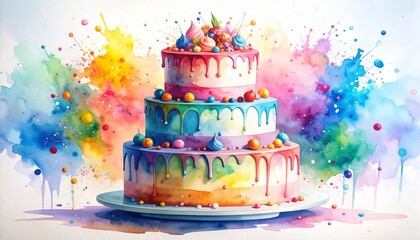 Chaos Cake Watercolor Style concept. Colorful watercolor cake with vibrant splashes in the background.