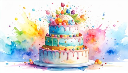 Chaos Cake Watercolor Style concept. Colorful, artistic three-tier cake with decorative sweets and splashes.