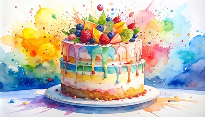 Chaos Cake Watercolor Style concept. Colorful watercolor cake with fruits and a splashy background.