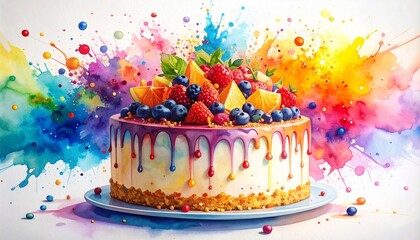 Chaos Cake Watercolor Style concept. Colorful cake adorned with fruits and vibrant splashes of paint.